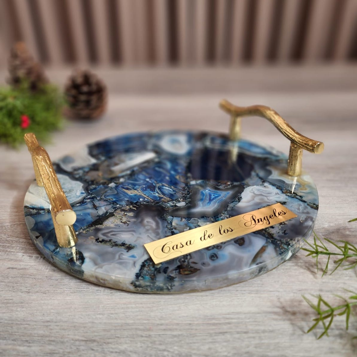 PIEDRA Azul Tray (Agate with Gold Metal Handles)