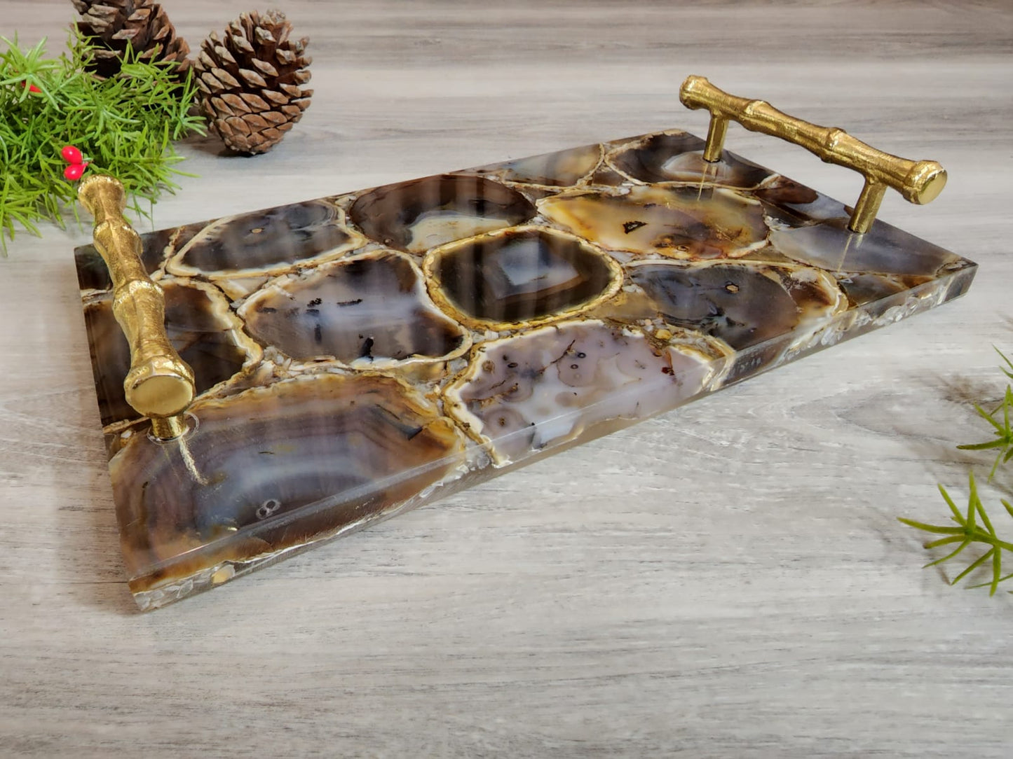 PIEDRA Marrón Tray (Agate with Gold Metal Handles)