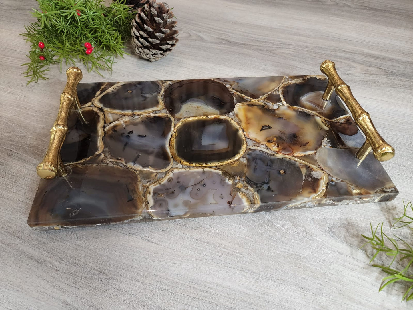 PIEDRA Marrón Tray (Agate with Gold Metal Handles)