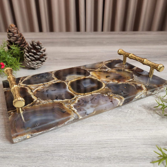 PIEDRA Marrón Tray (Agate with Gold Metal Handles)