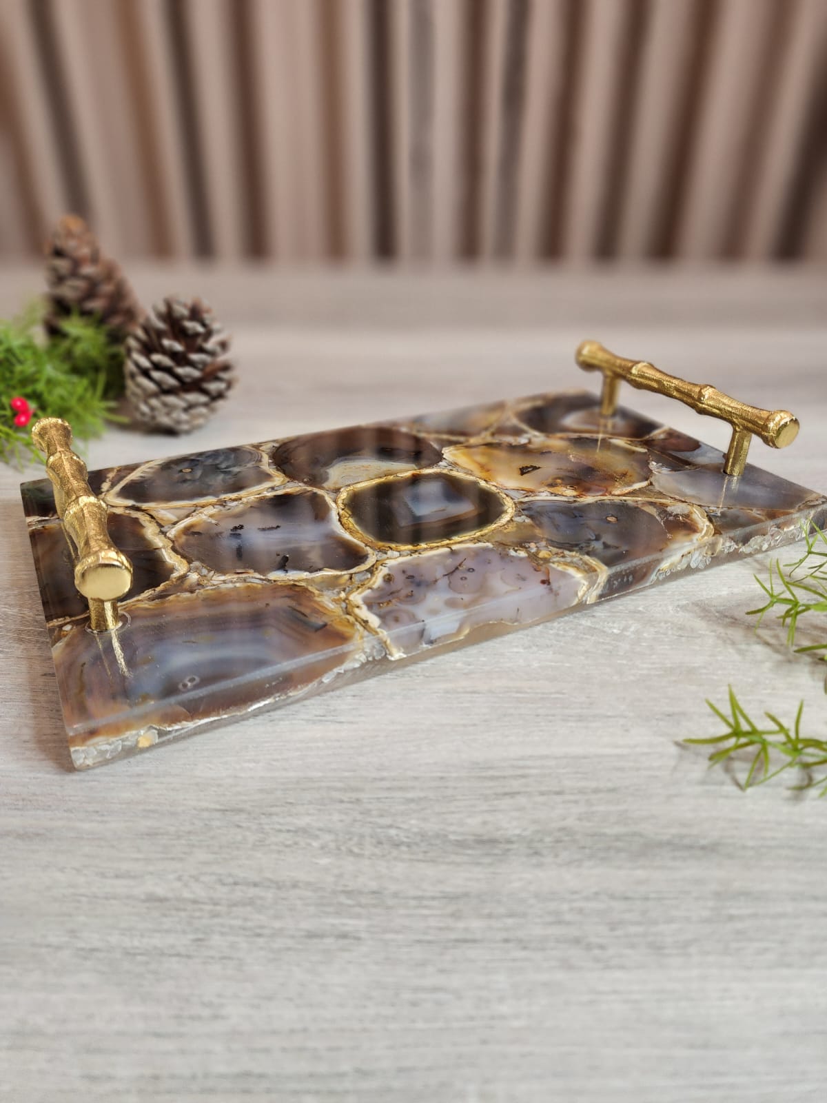 PIEDRA Marrón Tray (Agate with Gold Metal Handles)